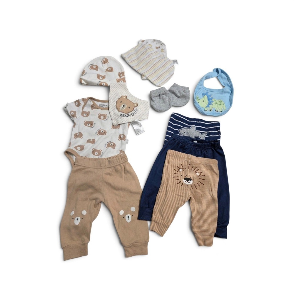 Baby Boy 11 Piece Bundle 0-3M Lion Joggers Bibs Hat Mittens